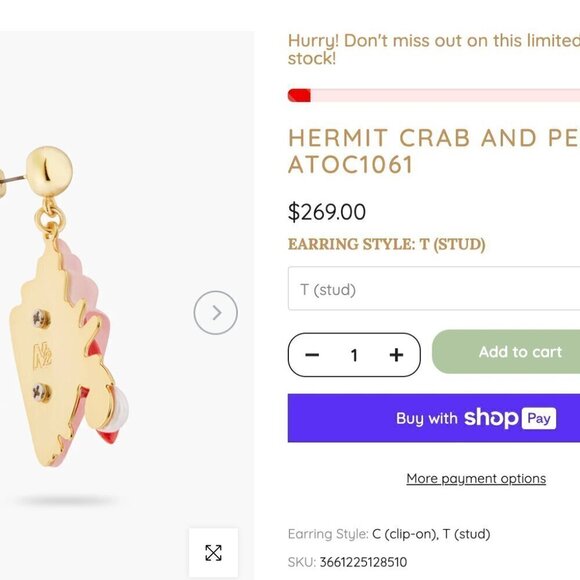 LES NEREIDES ANTHROPOLOGIE HERMIT CRAB AND PEARL POST EARRINGS - Picture 2 of 4